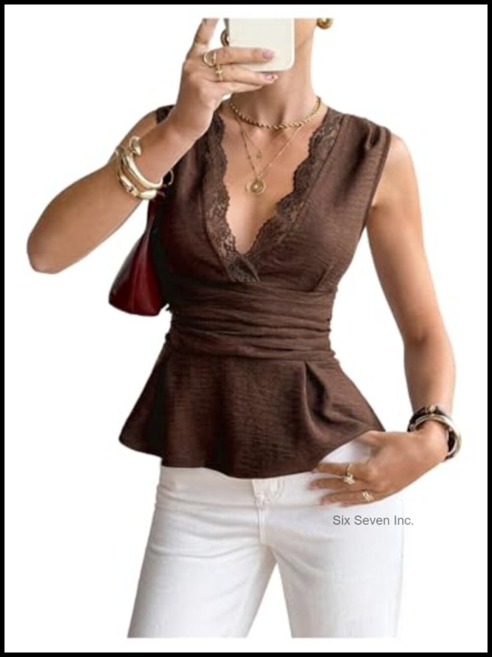 Lace V Neck Peplum Sleeveless Cinched Waist Blouse